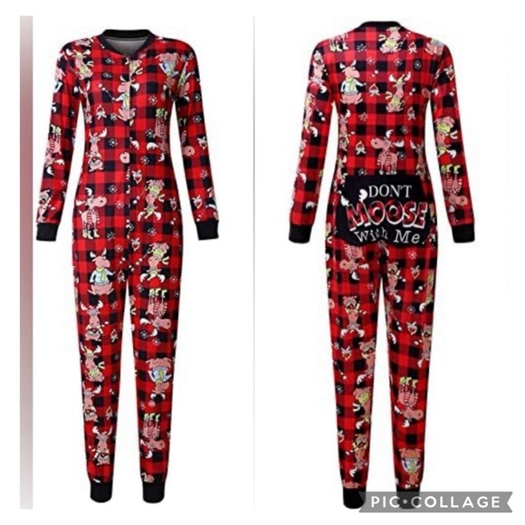 Moose Holiday Back PJ’s "Don't moose with me" Onsie Pajama Plaid Red - Picture 1 of 11